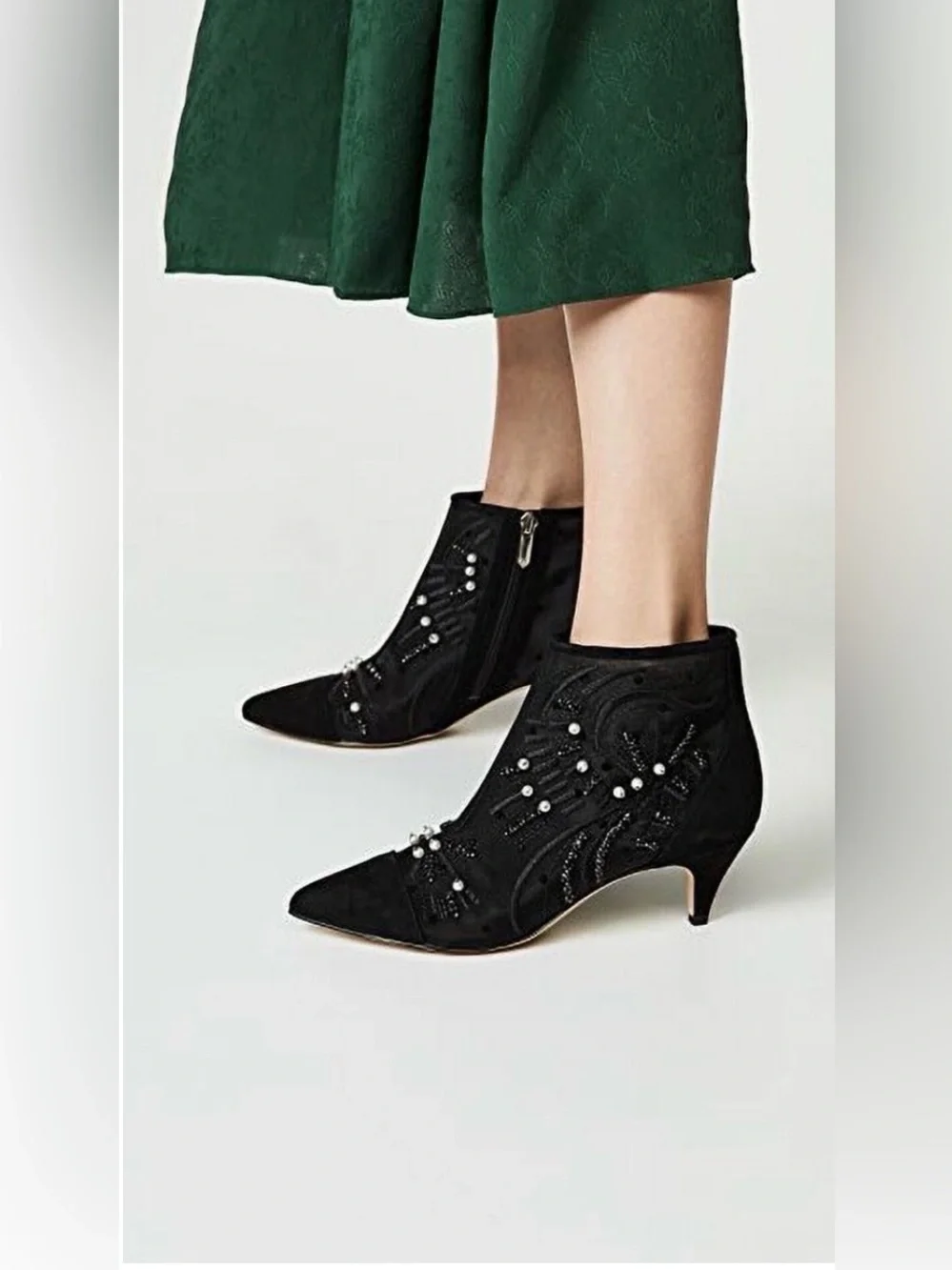 Sam Edelman Kami Black Mesh Pointed Toe Kitten Heel Fashion Pearl Boot (5.5)